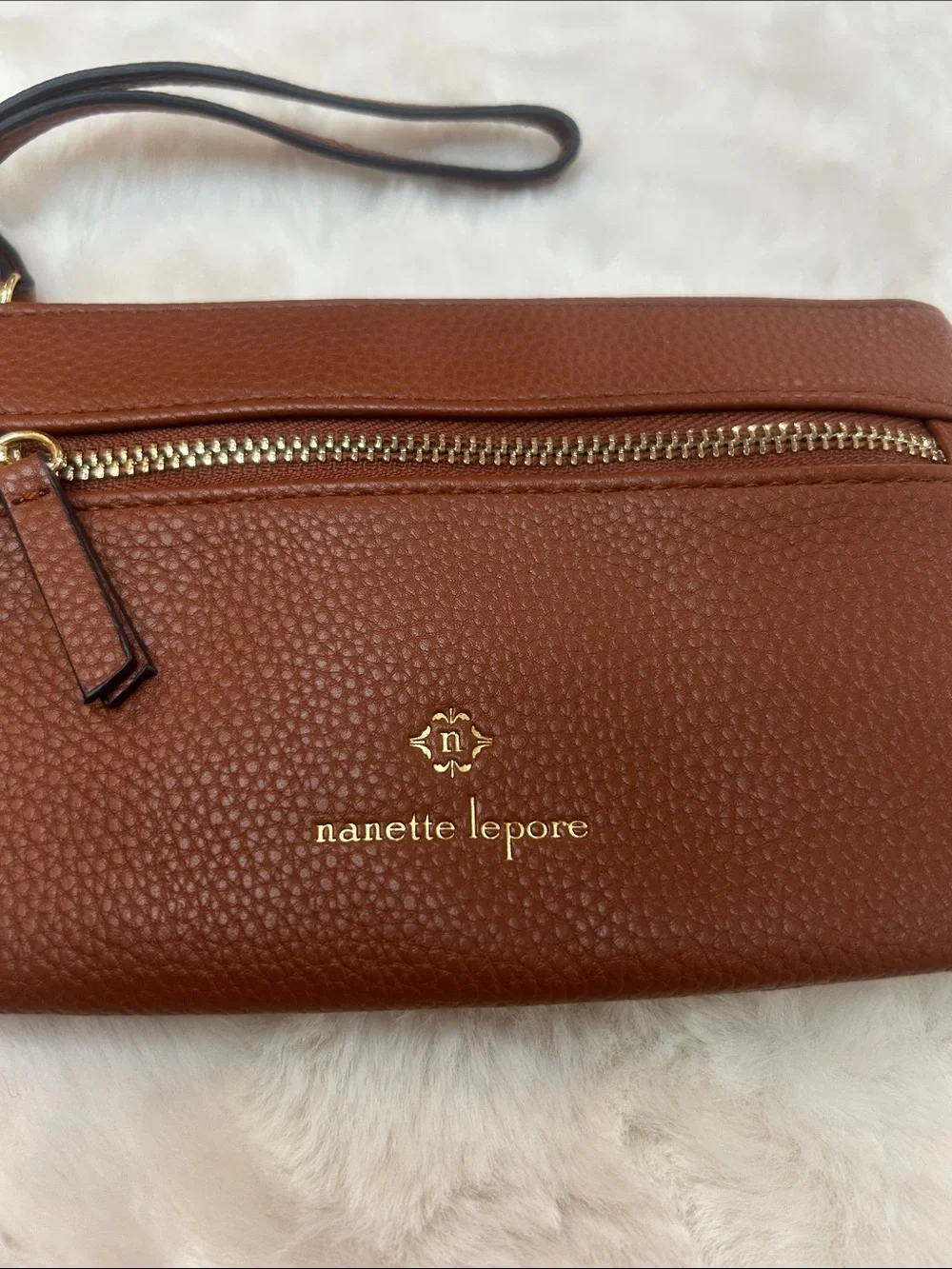 Nanette Lepore Brown Pebbled Leather Wristlet Clutch with Gold Hardware